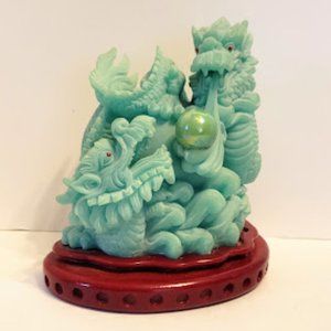 Fire Breathing Dragons Carved Statue with Gazing Ball